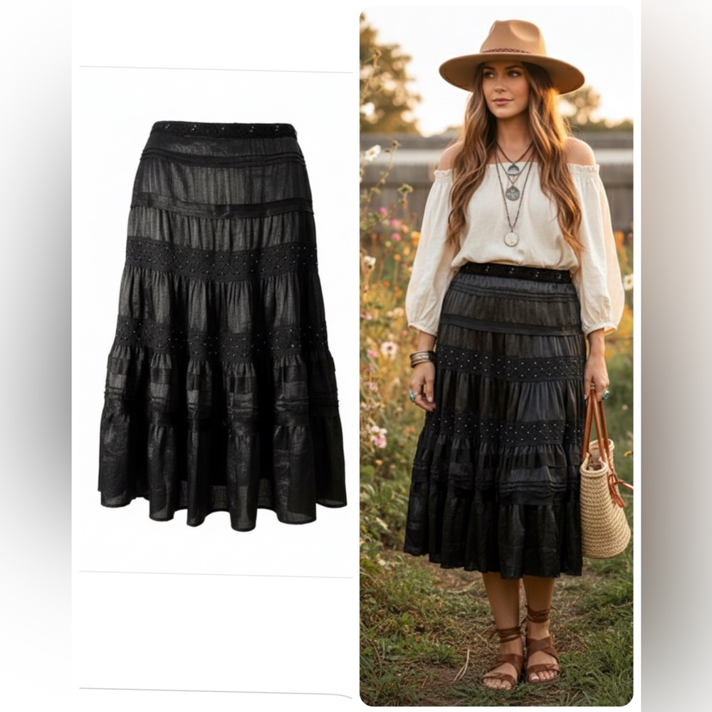 Miss Me Y2KBlack Satin Velvet Midi Skirt Beaded Sequined Lace Large Vintage Rare